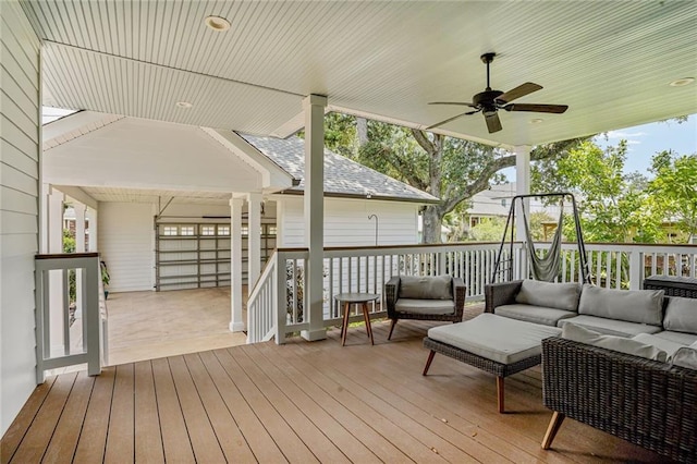 6818 Louisville St, New Orleans, LA 70124 - wooden terrace with outdoor lounge area and a ceiling fan