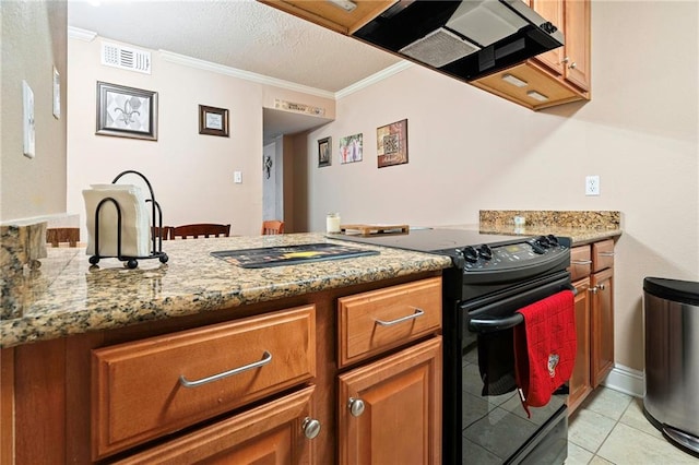 3805 Houma Blvd Unit C210, Metairie, LA 70006 - kitchen with black / electric stove, ornamental molding, brown cabinetry, a peninsula, and light tile patterned floors