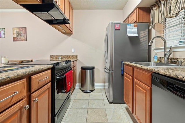 3805 Houma Blvd Unit C210, Metairie, LA 70006 - kitchen featuring stainless steel appliances, exhaust hood, brown cabinets, ornamental molding, and light tile patterned floors