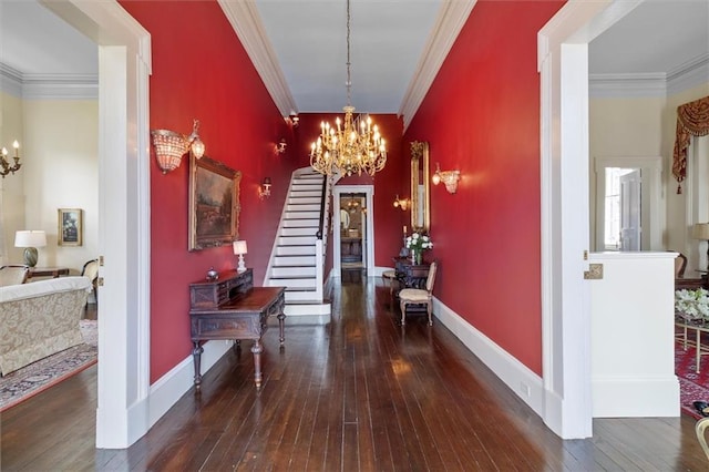 521 Dauphine St, New Orleans, LA 70112 - hall featuring a chandelier, wood-type flooring, crown molding, and stairway