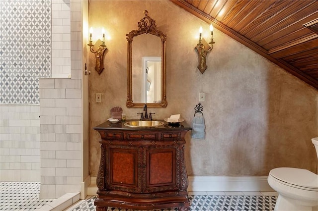 521 Dauphine St, New Orleans, LA 70112 - full bath with wood ceiling, vanity, tile patterned flooring, and tiled shower