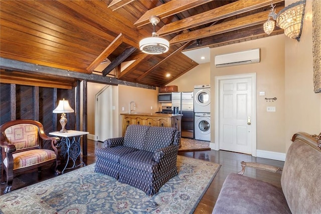 521 Dauphine St, New Orleans, LA 70112 - living area with estacked washer and dryer, wooden ceiling, and a wall unit AC