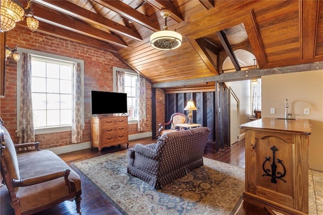 521 Dauphine St, New Orleans, LA 70112 - living room with wooden ceiling, brick wall, and hardwood / wood-style floors
