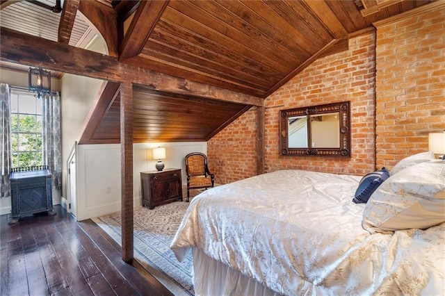 521 Dauphine St, New Orleans, LA 70112 - bedroom featuring wooden ceiling, hardwood / wood-style flooring, and brick wall