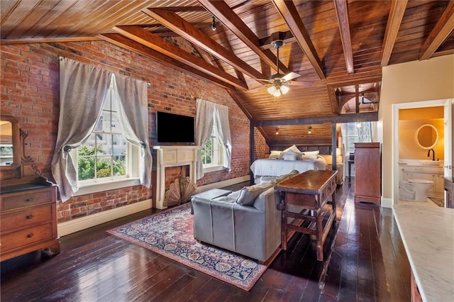 521 Dauphine St, New Orleans, LA 70112 - bedroom featuring wooden ceiling, brick wall, wood-type flooring, and a fireplace