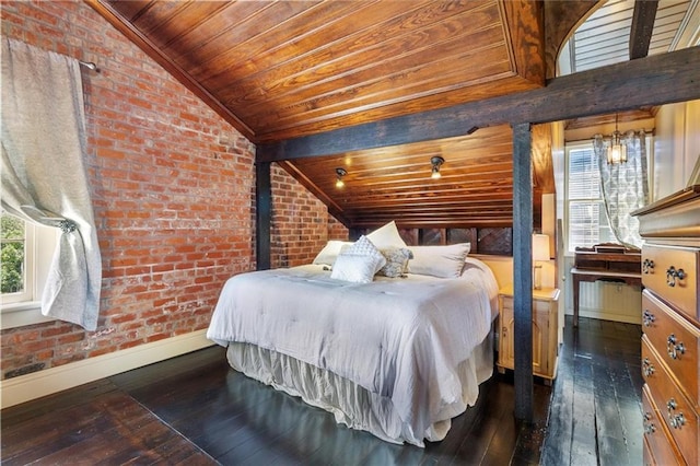 521 Dauphine St, New Orleans, LA 70112 - bedroom featuring lofted ceiling, brick wall, wood ceiling, and hardwood / wood-style floors