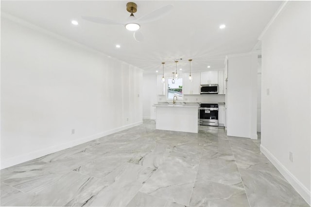 541 Jefferson Park Ave, Jefferson, LA 70121 - unfurnished living room featuring recessed lighting, a ceiling fan, ornamental molding, and light marble finish floors