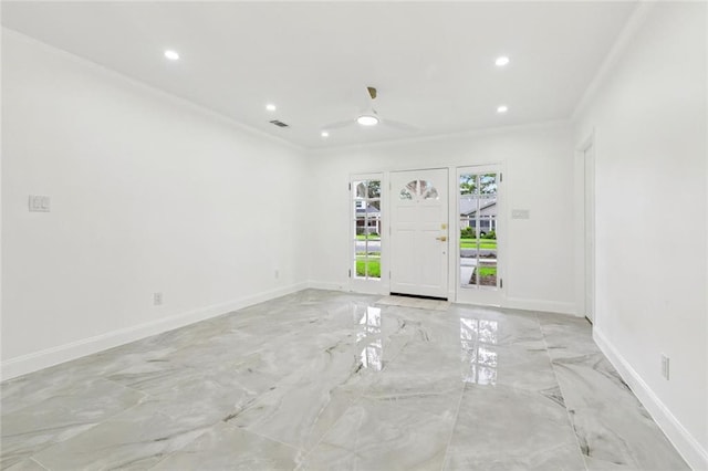 541 Jefferson Park Ave, Jefferson, LA 70121 - spare room featuring ornamental molding, recessed lighting, light marble finish floors, and ceiling fan