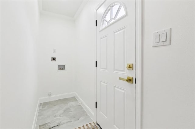541 Jefferson Park Ave, Jefferson, LA 70121 - laundry area with electric dryer hookup, light marble finish floors, hookup for a washing machine, and crown molding