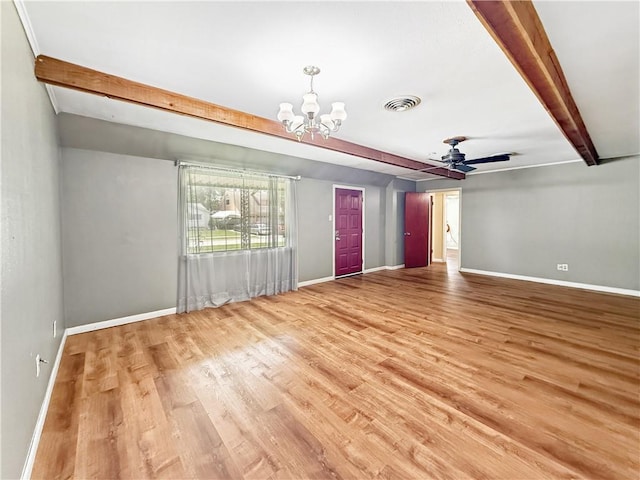 1593 Eastridge Dr, Slidell, LA 70458 - unfurnished living room featuring beam ceiling, a chandelier, light wood-style flooring, and ceiling fan