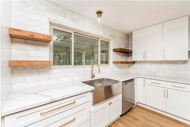 106 Woodlawn Ln, Mandeville, LA 70471 - kitchen featuring open shelves, dishwasher, white cabinets, and backsplash