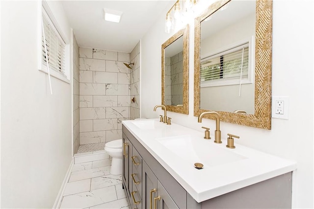 106 Woodlawn Ln, Mandeville, LA 70471 - full bathroom with marble finish flooring, double vanity, and a tile shower