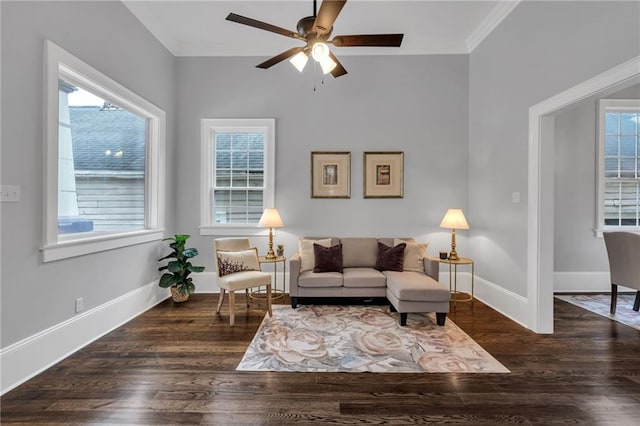 2625 Ursulines Ave, New Orleans, LA 70119 - living room with crown molding, a ceiling fan, and wood finished floors