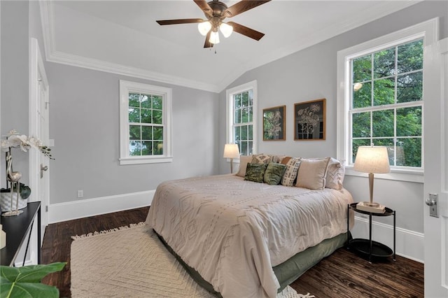 2625 Ursulines Ave, New Orleans, LA 70119 - bedroom featuring lofted ceiling, crown molding, dark wood-type flooring, and ceiling fan