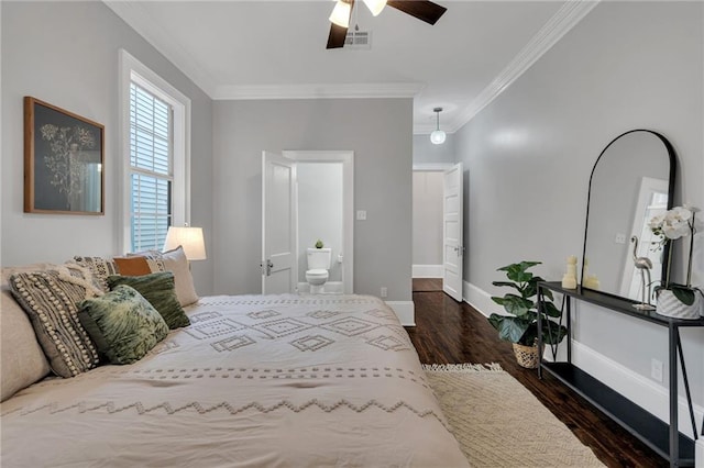 2625 Ursulines Ave, New Orleans, LA 70119 - bedroom featuring ornamental molding, wood finished floors, connected bathroom, and a ceiling fan