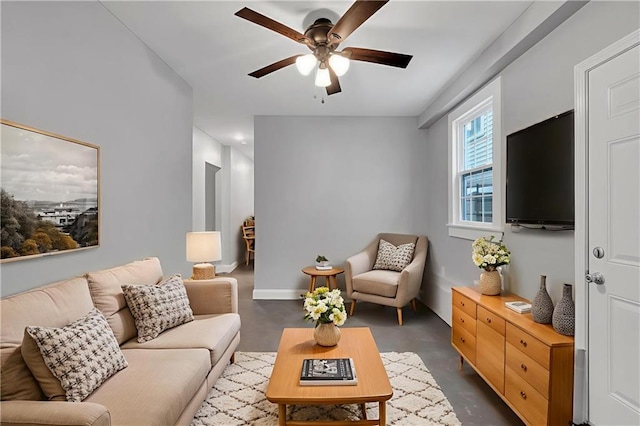 2625 Ursulines Ave, New Orleans, LA 70119 - living room featuring ceiling fan and finished concrete floors