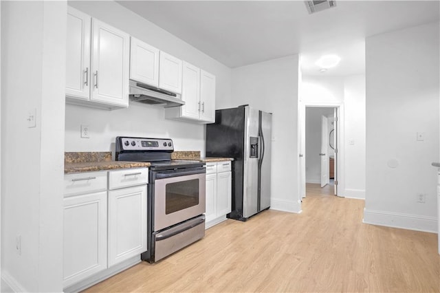 6501 Selma St, New Orleans, LA 70126 - kitchen with appliances with stainless steel finishes, under cabinet range hood, light wood-style flooring, and white cabinets
