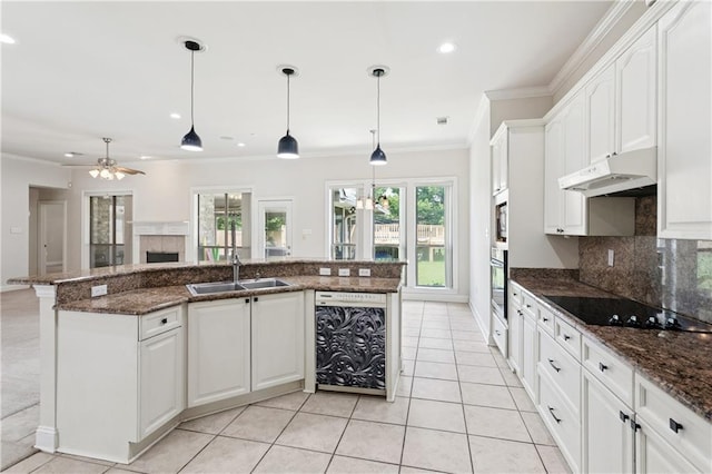 804 S Hawthorn Ct, Slidell, LA 70458 - kitchen featuring black electric cooktop, under cabinet range hood, dishwashing machine, oven, and ornamental molding