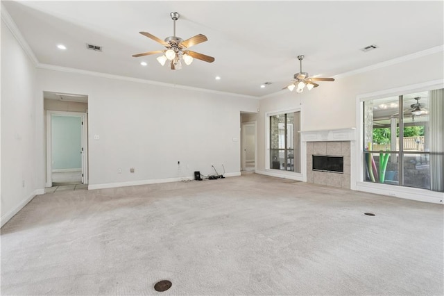 804 S Hawthorn Ct, Slidell, LA 70458 - unfurnished living room featuring ceiling fan, recessed lighting, a fireplace, ornamental molding, and carpet