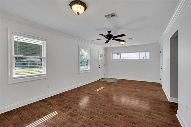 2412 Green Acres Rd, Metairie, LA 70003 - unfurnished room with plenty of natural light, ornamental molding, dark wood-style flooring, and ceiling fan