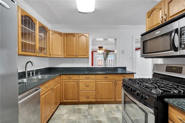 2412 Green Acres Rd, Metairie, LA 70003 - kitchen featuring appliances with stainless steel finishes, glass insert cabinets, dark stone countertops, crown molding, and brown cabinetry