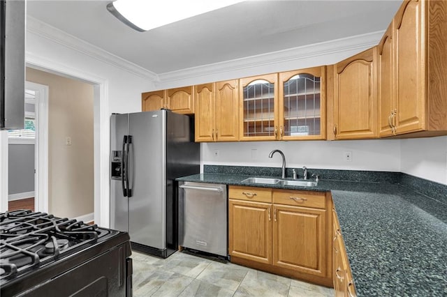 2412 Green Acres Rd, Metairie, LA 70003 - kitchen with stainless steel fridge with ice dispenser, crown molding, glass insert cabinets, dark stone counters, and black range with gas stovetop