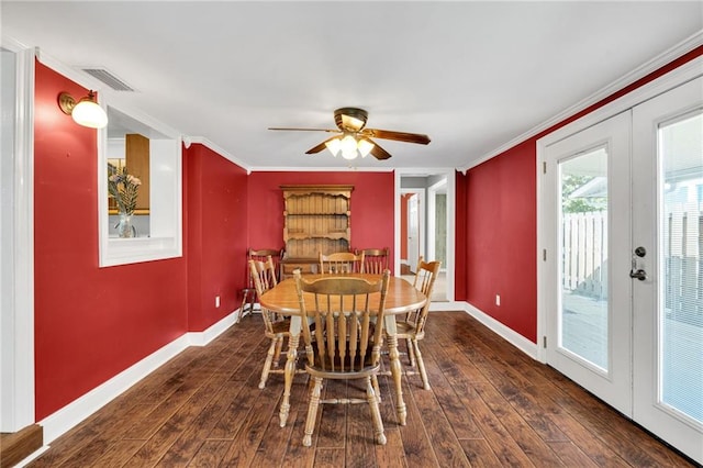 2412 Green Acres Rd, Metairie, LA 70003 - dining area with ceiling fan, french doors, hardwood / wood-style flooring, and ornamental molding