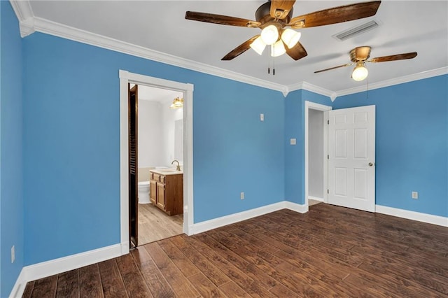 2412 Green Acres Rd, Metairie, LA 70003 - unfurnished bedroom with crown molding, wood finished floors, a ceiling fan, and ensuite bath