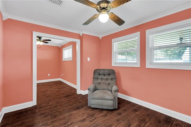 2412 Green Acres Rd, Metairie, LA 70003 - living area with a ceiling fan, ornamental molding, dark wood-style floors, and plenty of natural light