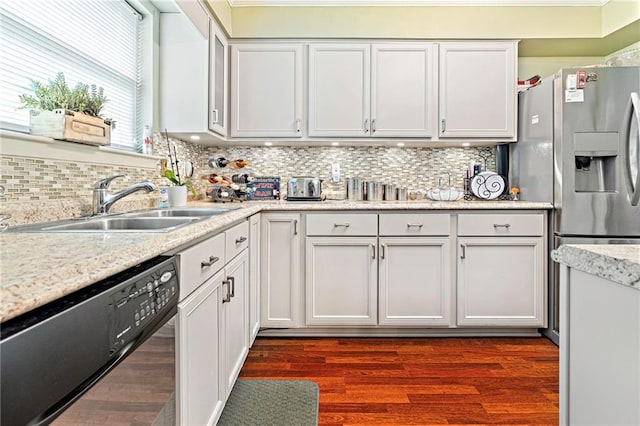 2018 Saint Nick Dr, New Orleans, LA 70131 - kitchen featuring dishwasher, tasteful backsplash, dark wood-style floors, white cabinets, and stainless steel refrigerator with ice dispenser