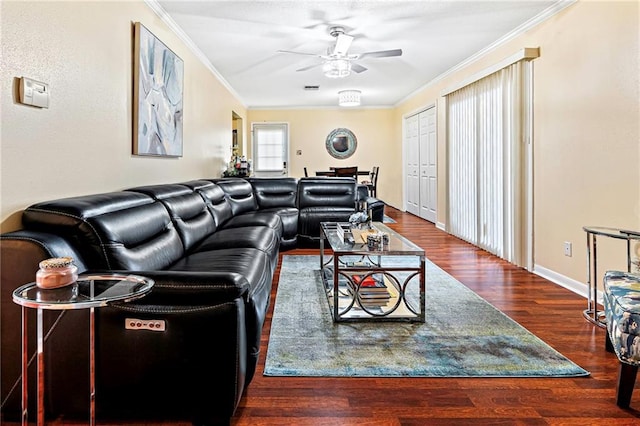 2018 Saint Nick Dr, New Orleans, LA 70131 - living room featuring crown molding, a ceiling fan, and wood finished floors
