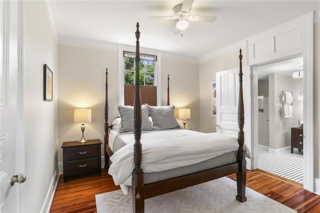 401 Pelican Ave, New Orleans, LA 70114 - bedroom with wood finished floors, ornamental molding, and a ceiling fan