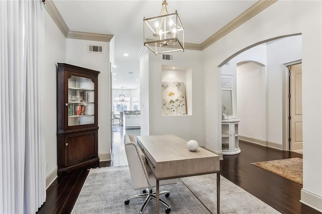 1456 Cherokee Ave, Metairie, LA 70005 - office space featuring arched walkways, a chandelier, dark wood-style flooring, and ornamental molding