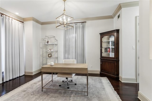 1456 Cherokee Ave, Metairie, LA 70005 - office area featuring a chandelier, wood finished floors, and ornamental molding
