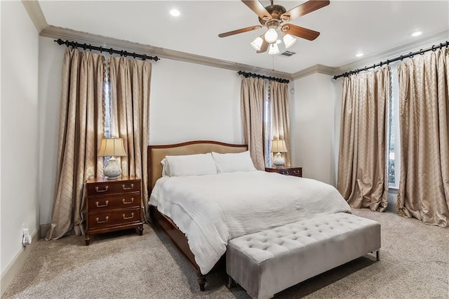 1456 Cherokee Ave, Metairie, LA 70005 - bedroom with carpet flooring, crown molding, recessed lighting, and ceiling fan