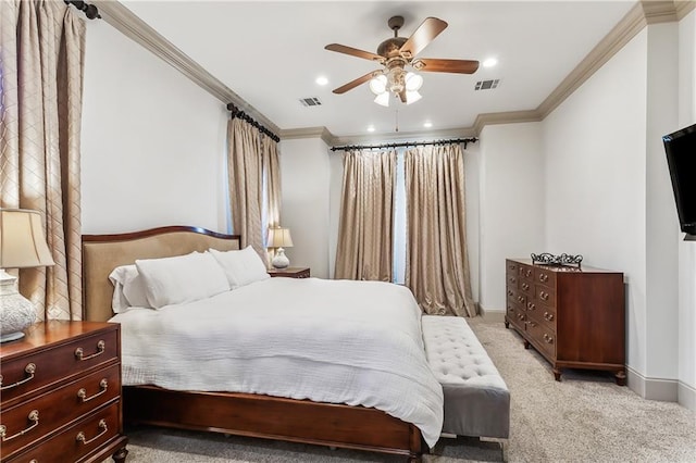 1456 Cherokee Ave, Metairie, LA 70005 - bedroom with ornamental molding, recessed lighting, light colored carpet, and ceiling fan