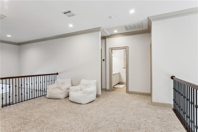 1456 Cherokee Ave, Metairie, LA 70005 - living area with crown molding, light carpet, recessed lighting, and an upstairs landing