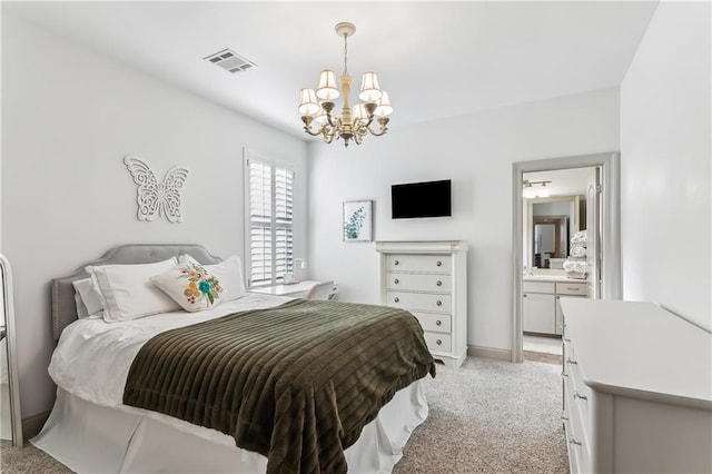 1456 Cherokee Ave, Metairie, LA 70005 - bedroom featuring light colored carpet, a chandelier, and connected bathroom