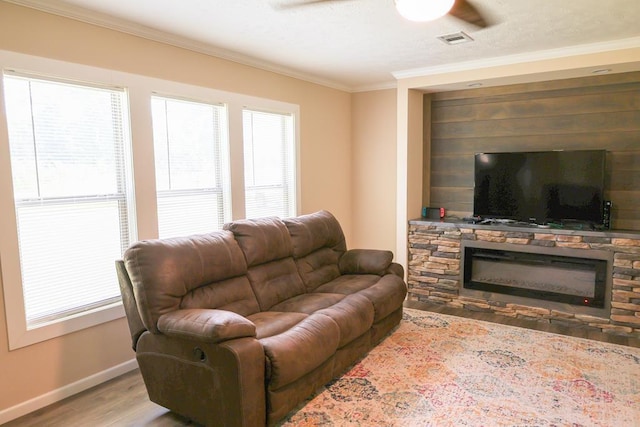 480 Woody Rd Unit 0, Jayess, MS 39641 - living area with a stone fireplace, wood finished floors, ornamental molding, and a ceiling fan