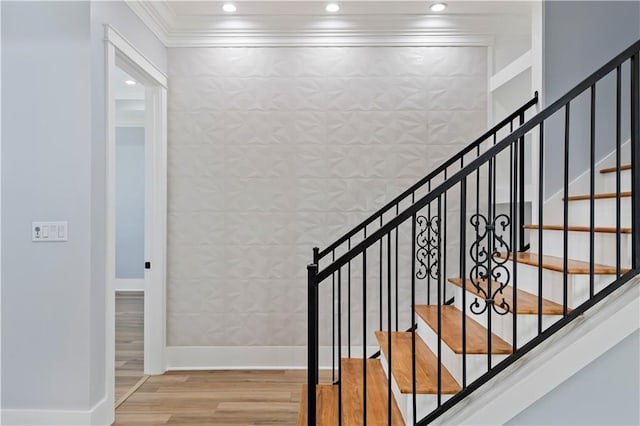 1316 Hickory Ave, Harahan, LA 70123 - stairs with ornamental molding, wood finished floors, and recessed lighting