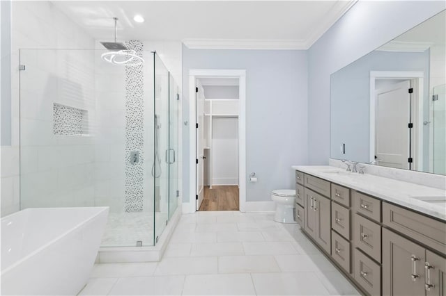 1316 Hickory Ave, Harahan, LA 70123 - full bath with a stall shower, double vanity, ornamental molding, a freestanding tub, and tile patterned floors