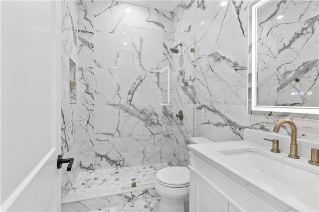 1316 Hickory Ave, Harahan, LA 70123 - bathroom featuring vanity, a marble finish shower, tile walls, and marble finish floors