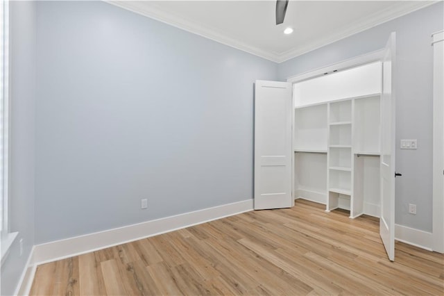1316 Hickory Ave, Harahan, LA 70123 - unfurnished bedroom with ornamental molding, light wood finished floors, recessed lighting, a ceiling fan, and a closet