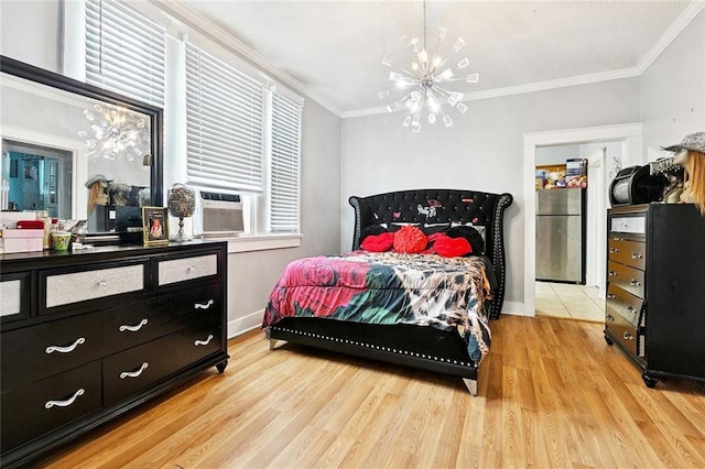 1631 S Salcedo St, New Orleans, LA 70125 - bedroom featuring a chandelier, freestanding refrigerator, ornamental molding, light wood finished floors, and cooling unit