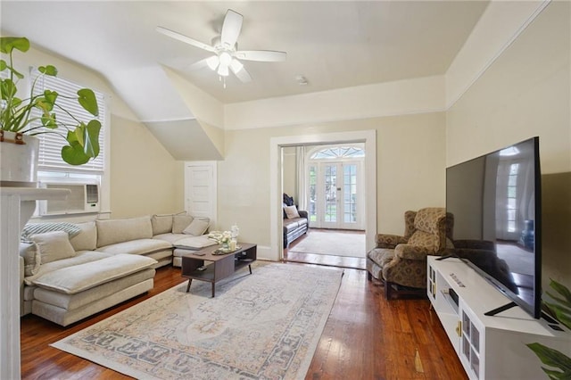 113335 Fern St, New Orleans, LA 70118 - living room featuring cooling unit, wood-type flooring, ceiling fan, vaulted ceiling, and french doors
