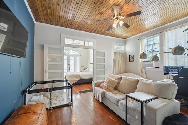 113335 Fern St, New Orleans, LA 70118 - living room with crown molding, ceiling fan, hardwood / wood-style flooring, and wood ceiling
