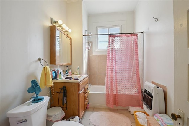 113335 Fern St, New Orleans, LA 70118 - bathroom with heating unit, shower / bath combination with curtain, vanity, and tile patterned floors