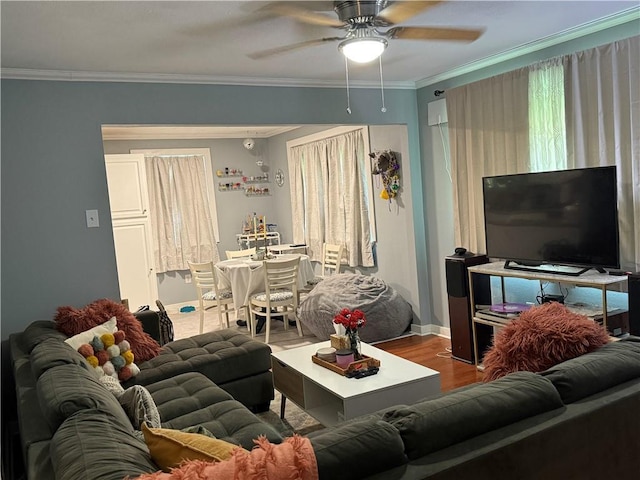 517 Colony Pl, Metairie, LA 70003 - living area featuring ceiling fan, wood finished floors, and ornamental molding