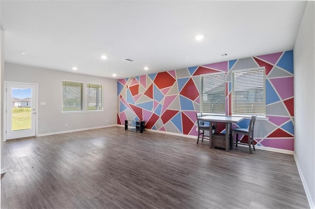 7542 1ST Lake Dr, Slidell, LA 70461 - game room with an accent wall, wallpapered walls, wood finished floors, and recessed lighting