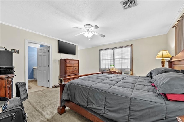 603 E Manley Ave, Metairie, LA 70001 - bedroom featuring ornamental molding, light colored carpet, a ceiling fan, a textured ceiling, and light tile patterned flooring